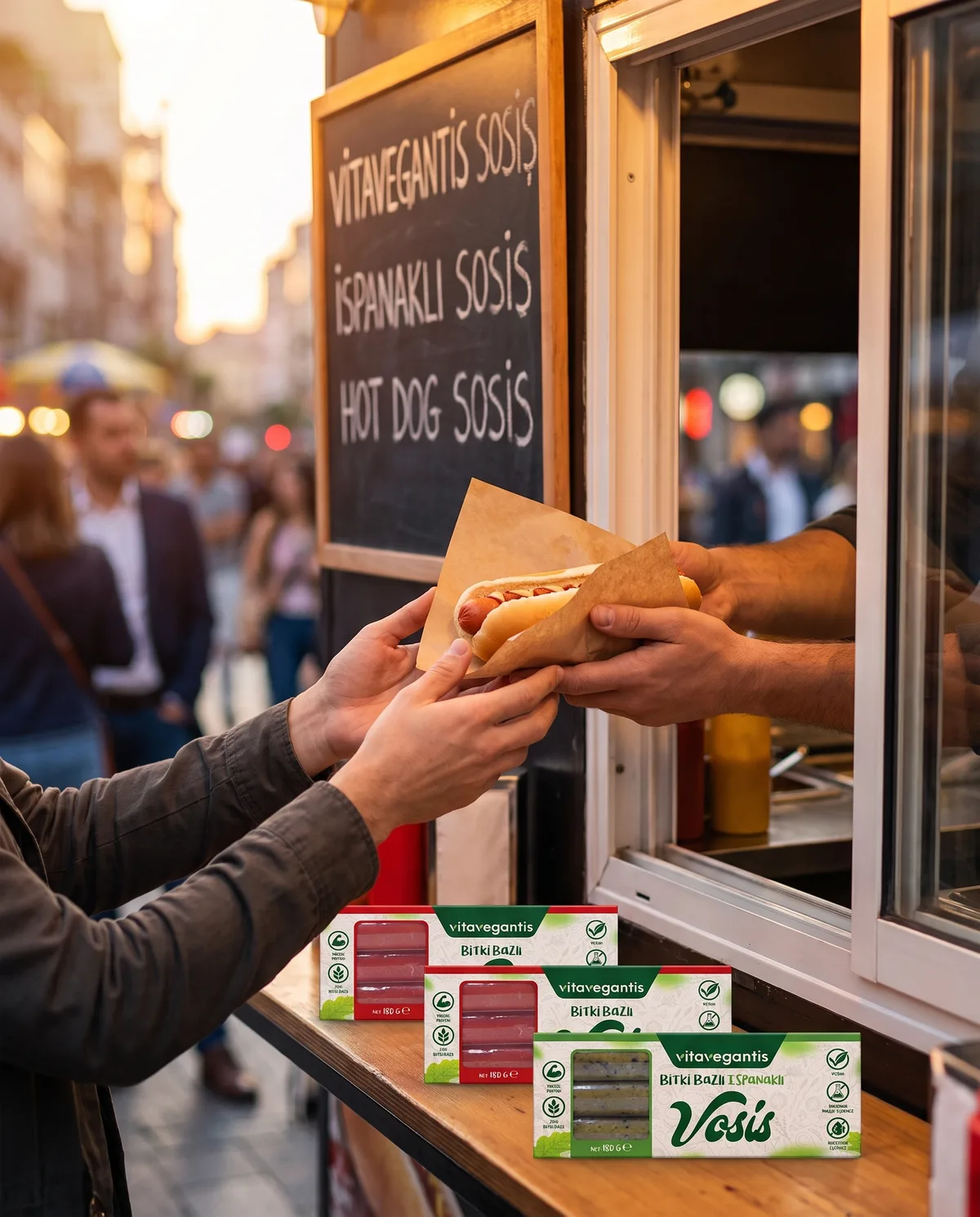 Sokak arabasından VitaVegantis hot dog alan bir müşteri