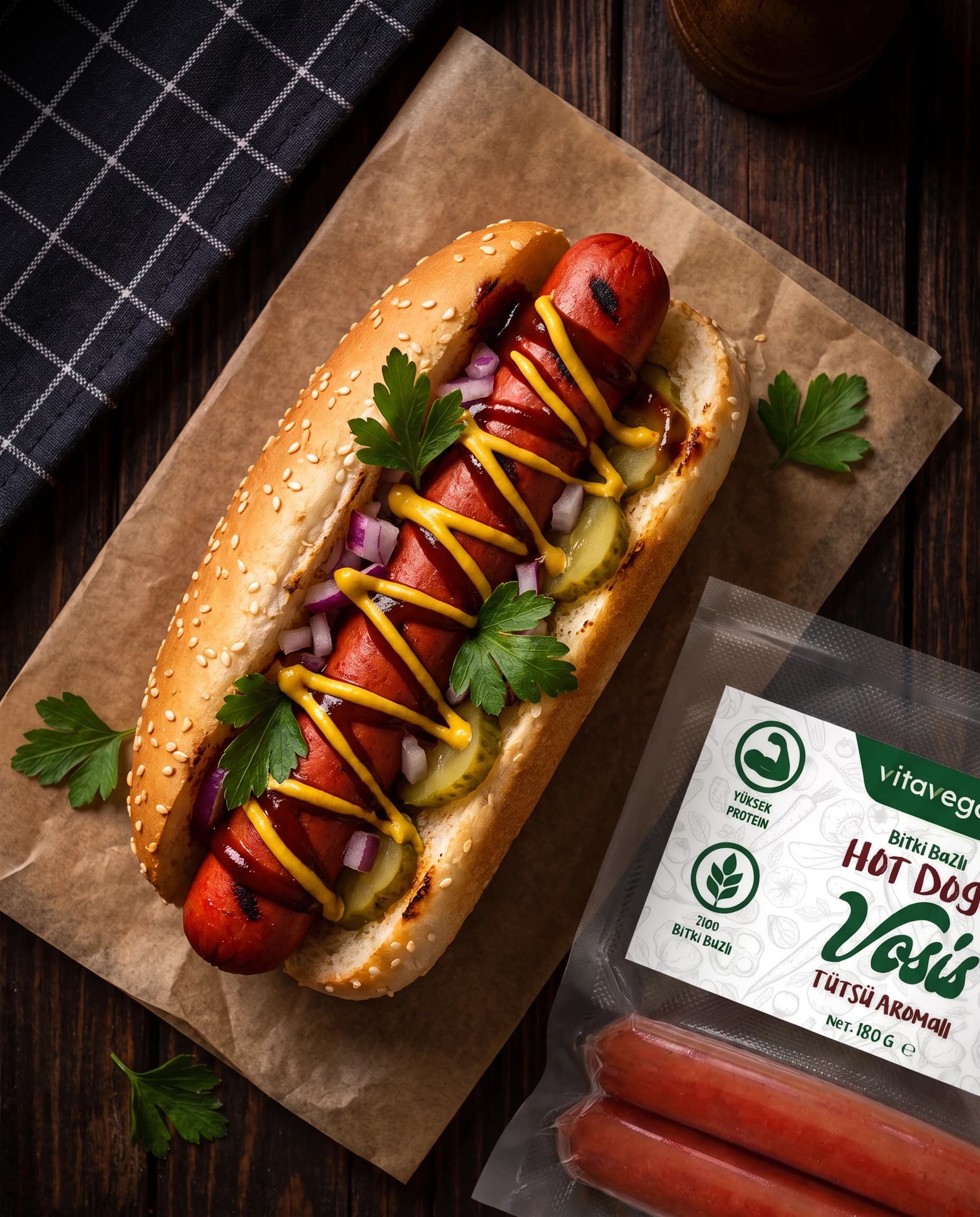 Susamlı ekmekte hardallı vegan hot dog, turşu ve kırmızı soğanla; yanında 180 g'lık VitaVegantis Hot Dog Vosis paketi