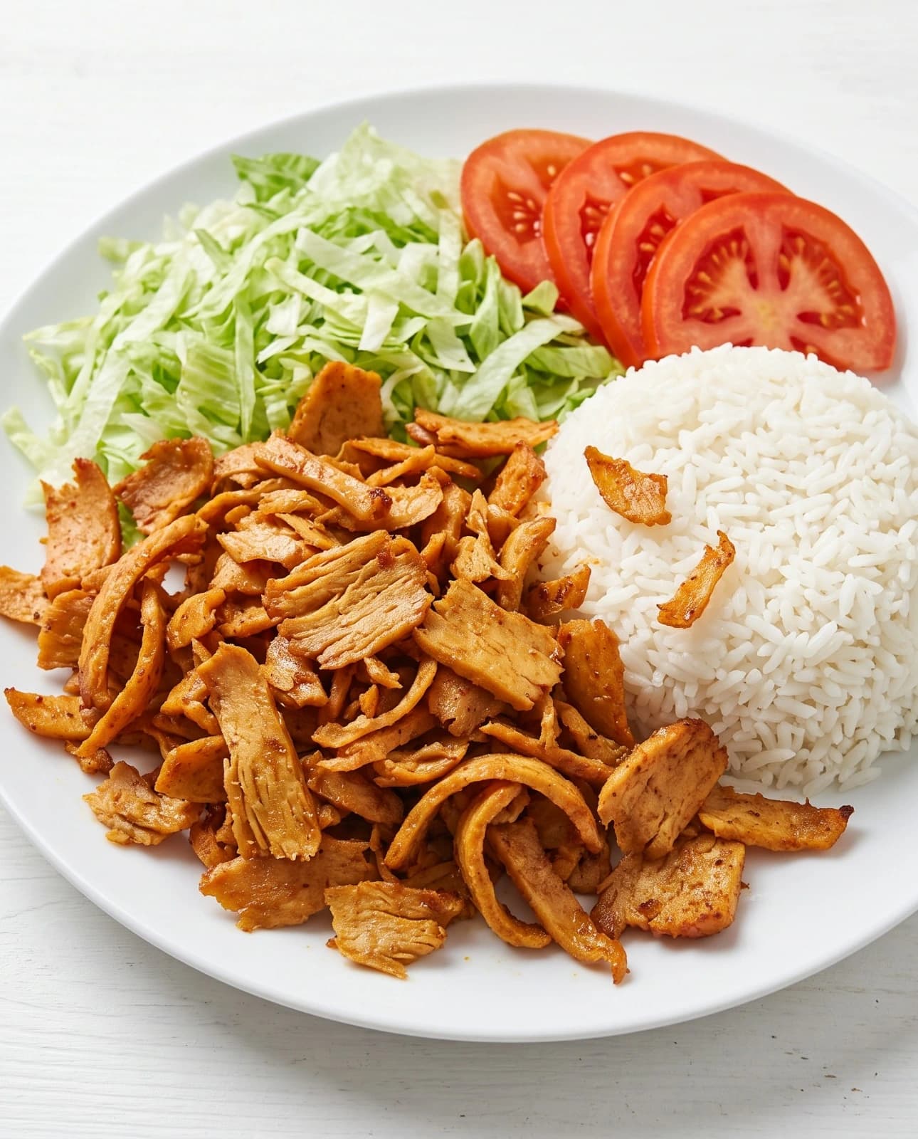 Plant-based chicken döner on a plate with rice, shredded lettuce and sliced tomato