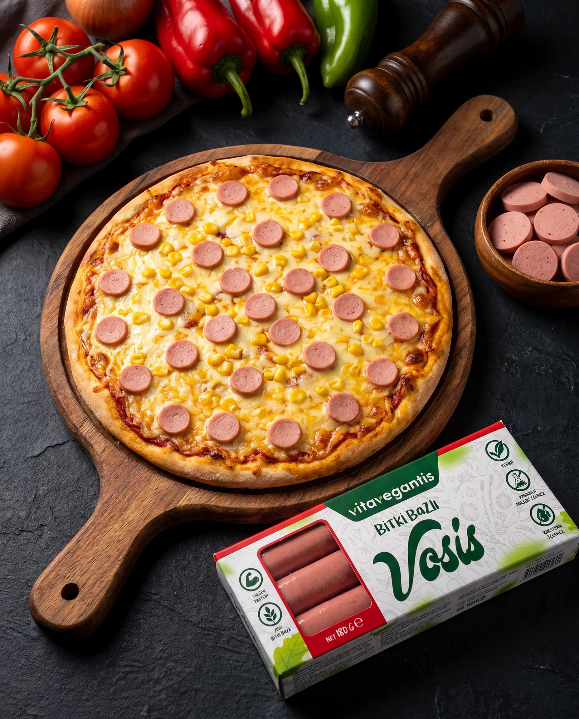 Pizza with vegan sausage — VitaVegantis plant-based sausage