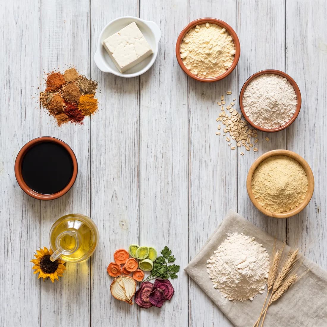 Vegan sausage ingredients: tofu, chickpea flour, dried vegetables